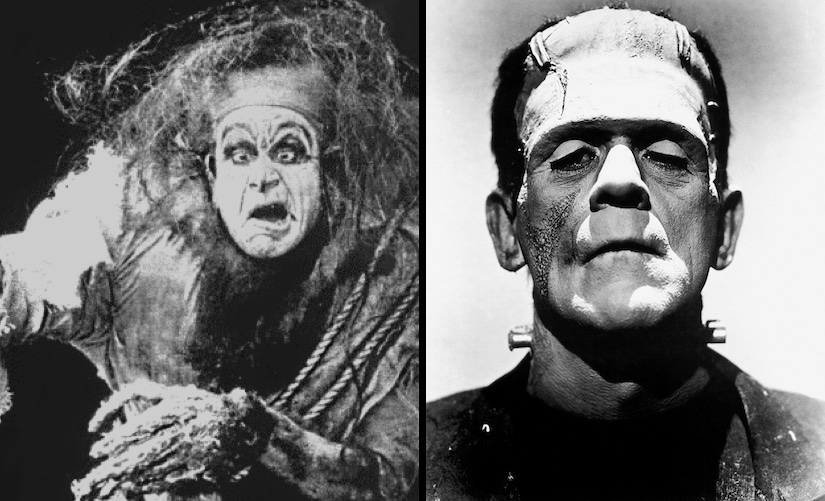 Charles Ogle depicting Frankenstein's monster in J. Searle Dawley's 1910 film adaptation of Frankenstein (left), and Frankenstein's monster, played by Boris Karloff, in James Whale's classic film adaptation from 1931 (right).