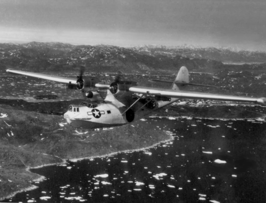 A U.S. Navy Consolidated PBY-5A Catalina of Patrol Bomber Squadron VPB-6 pictured in flight over Narssarsuak Fjord, Greenland, in 1945.