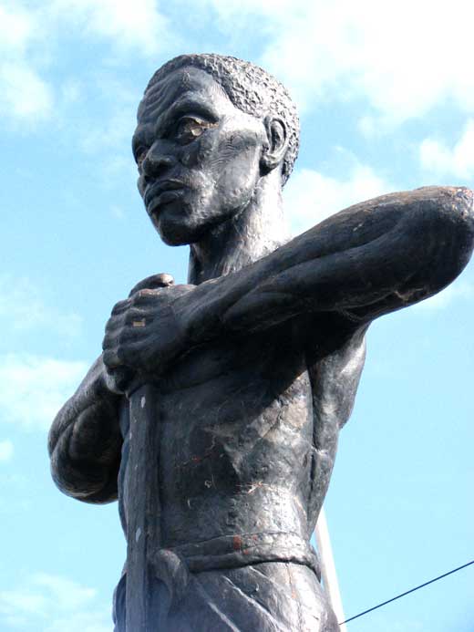 In commemoration of the centennial anniversary of the Morant Bay Rebellion, the Jamaican government erected this statue of leader Paul Bogle (1822-1865) in front of the Morant Bay Courthouse in Saint Thomas, Jamaica on October 11, 1965.