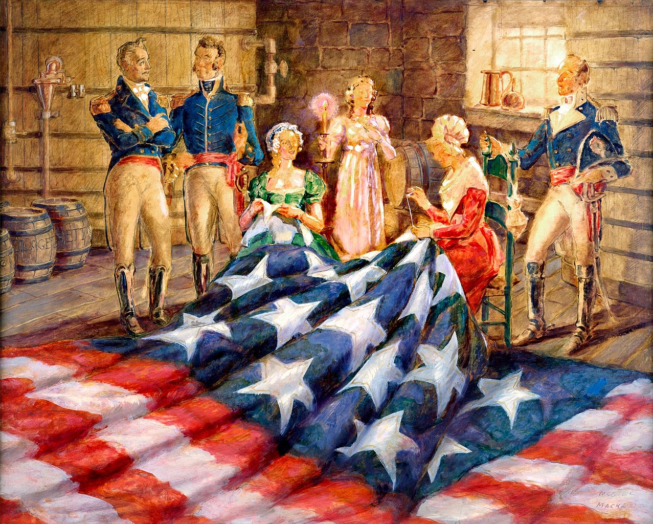 Oil painting depicting Mary Pickersgill and her nieces in 1813, sewing the flag that would become known as the Star-Spangled Banner. Notably absent from the depiction is Grace Wisher. 