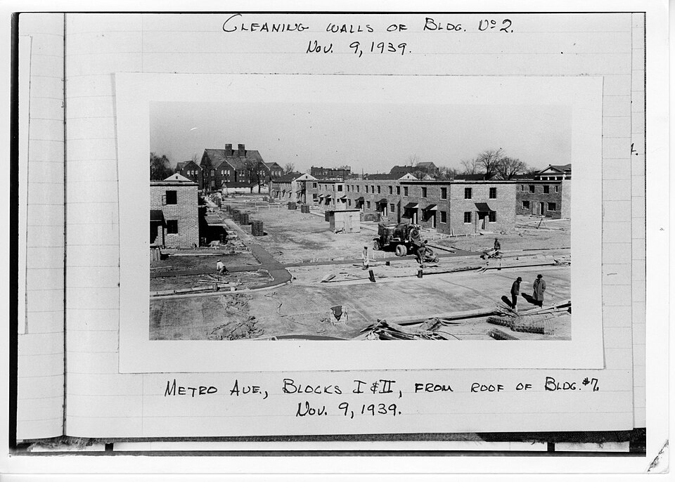 An image showing the construction of Poindexter Village in 1939. 