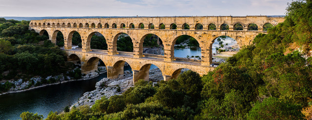 The Pont du Gard aqueduct crosses the Gardon River in Southern France.