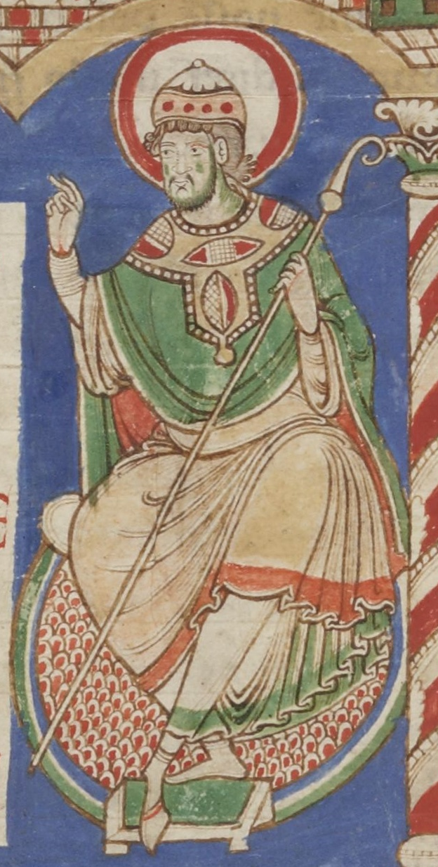 An 11th-century minature from the Second Bible of St. Martial of Limoges depicting Damasus.