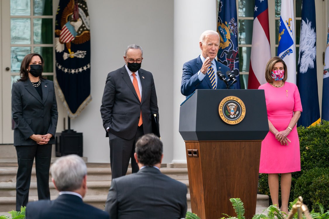 Former U.S. President Joe Biden, joined by Kamala Harris, Chuck Schumer, and Nancy Pelosi, gives a speech on Covid relief, 2021.