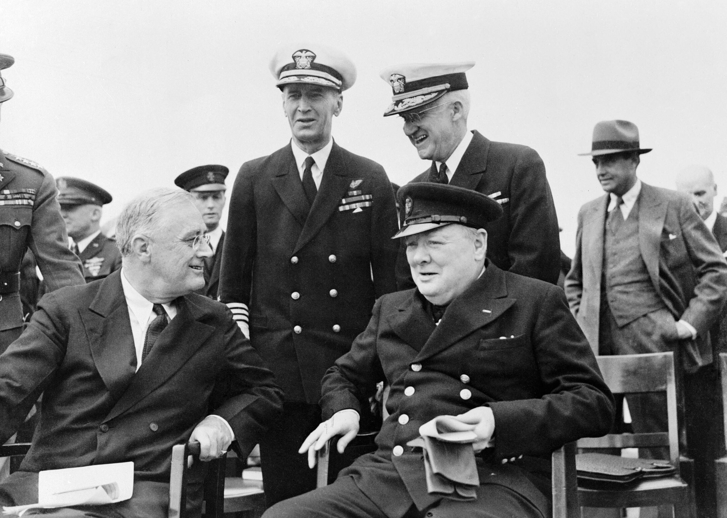 President Franklin D Roosevelt and Prime Minister Winston Churchill after Divine Service on board HMS PRINCE OF WALES.