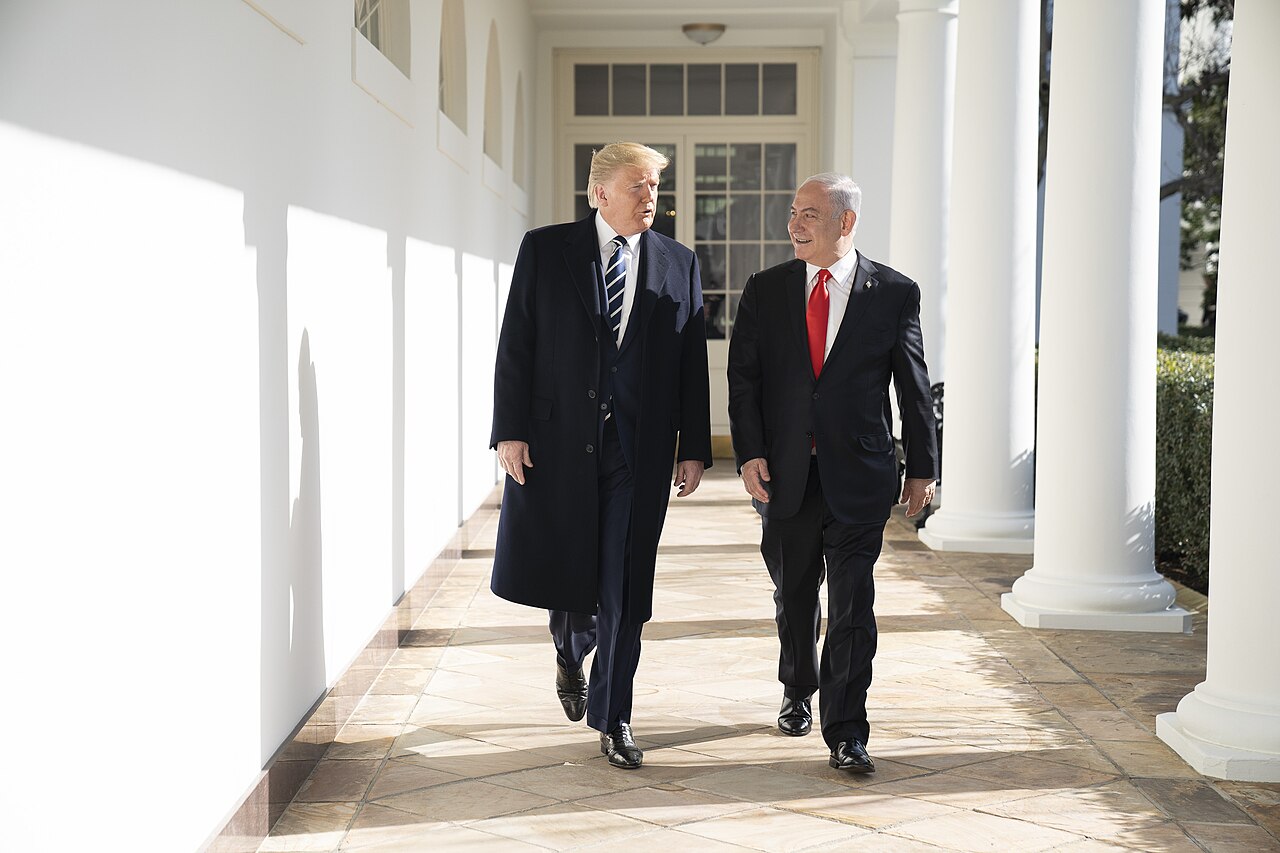 President Donald J. Trump walks with Israeli Prime Minister Benjamin Netanyahu Monday, Jan. 27, 2020, along the Colonnade of the White House.