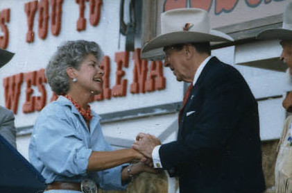 Nebraska Governor Kay A. Orr greeting President Ronald Reagan, 1987.