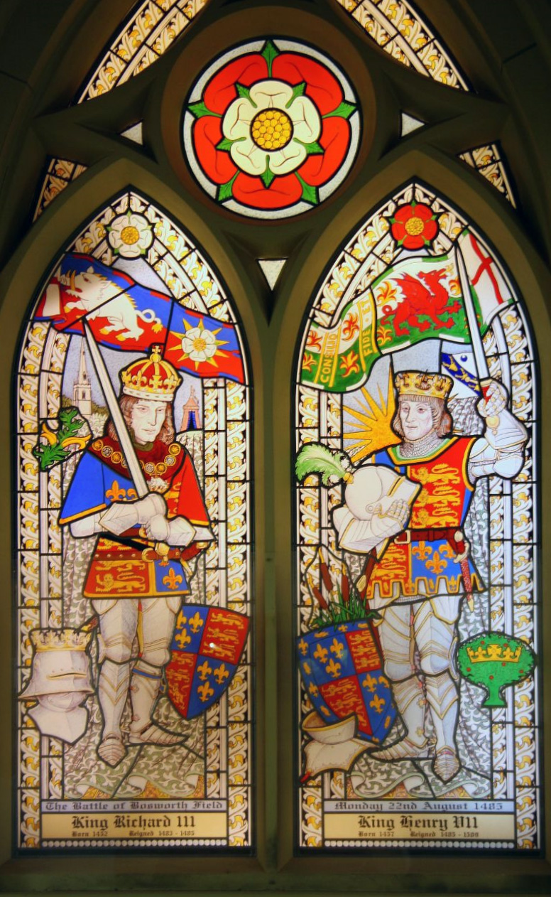 A stained-glass window in St James’s Church, Sutton Cheney, commemorating the Battle of Bosworth Field. Richard III appears to the left and Henry VII to the right.