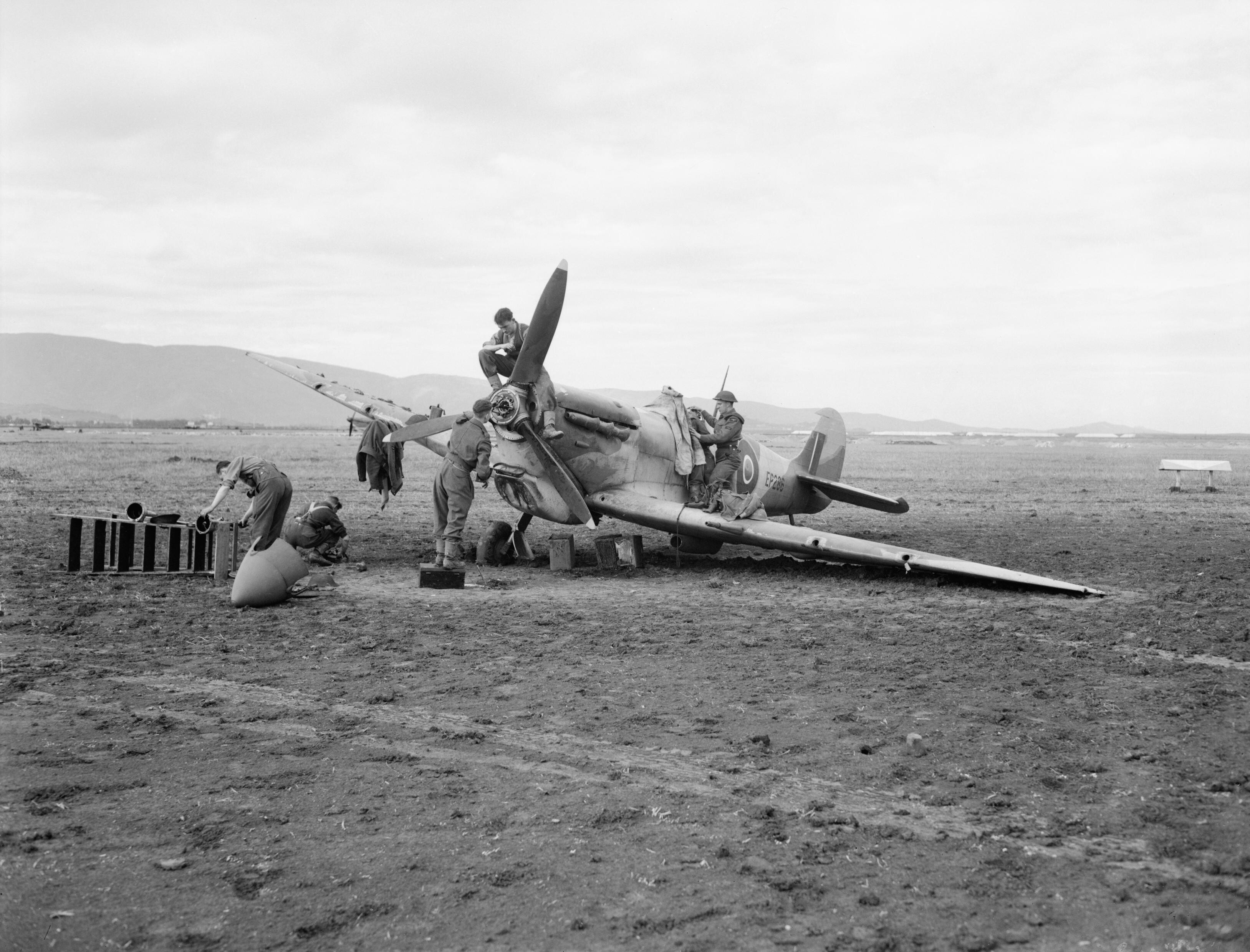 A Royal Air Force Spitfire that suffered landing gear failure upon landing near Bone, Algeria.
