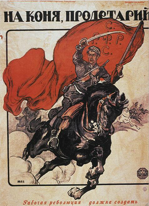 Russian Civil War era poster by Alexander Apsit reading 'To Horse, Proletarian!,' 1918.