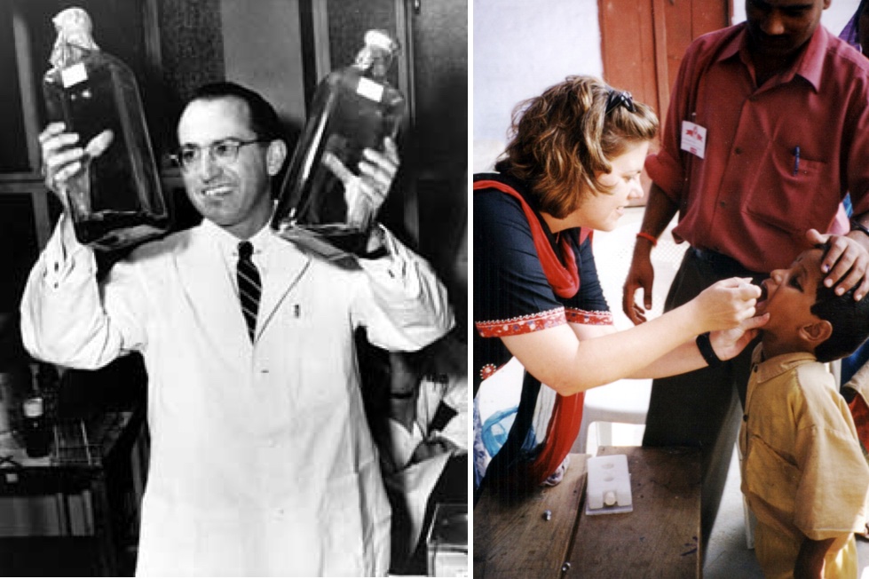 Scientist Jonas Salk raises high two bottles holding the cultures used to grow Polio vaccine in 1955 (left); Photo of oral Polio vaccination in India (right).