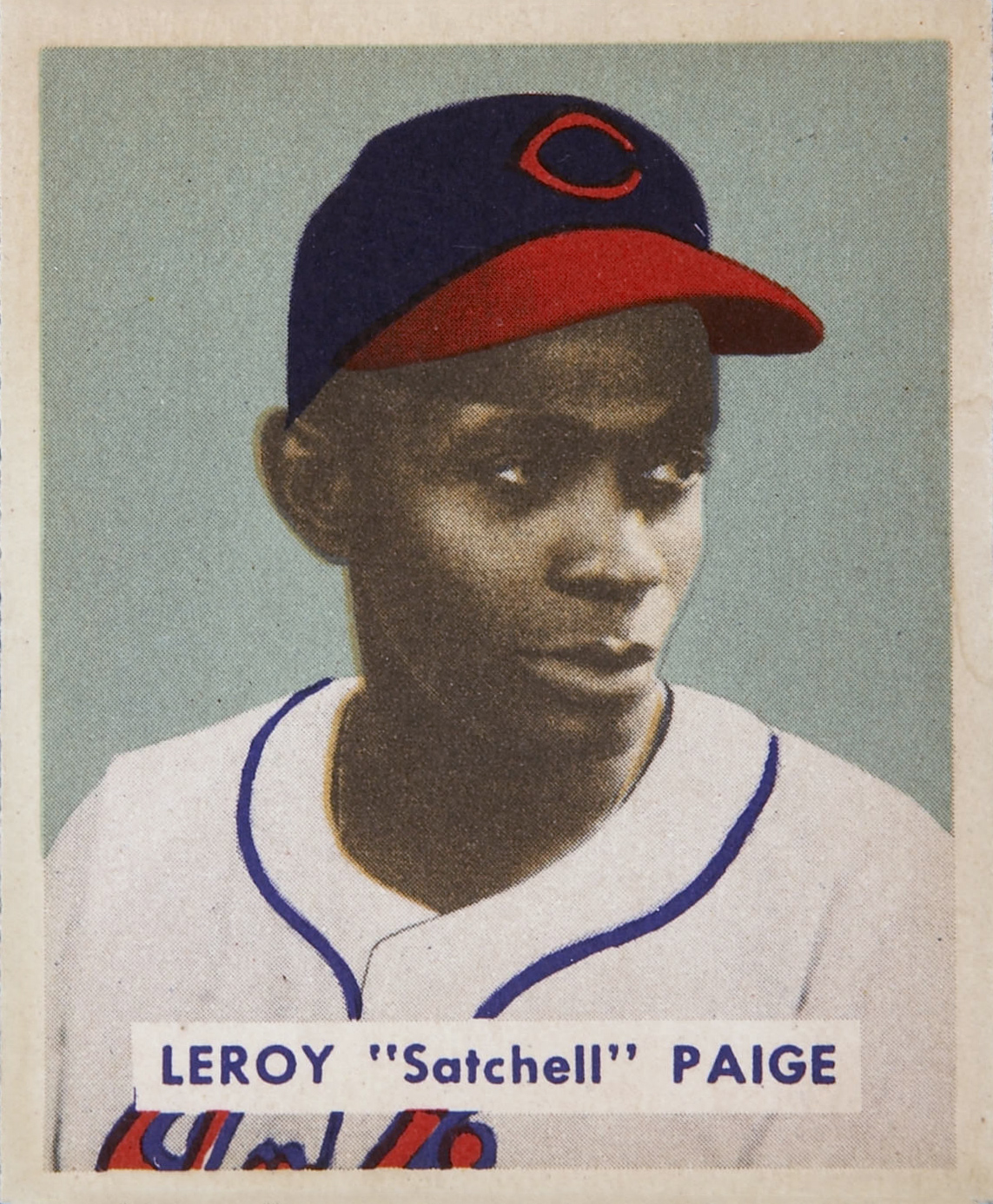 Satchel Paige's 1949 baseball card during his time with the Cleveland Indians.