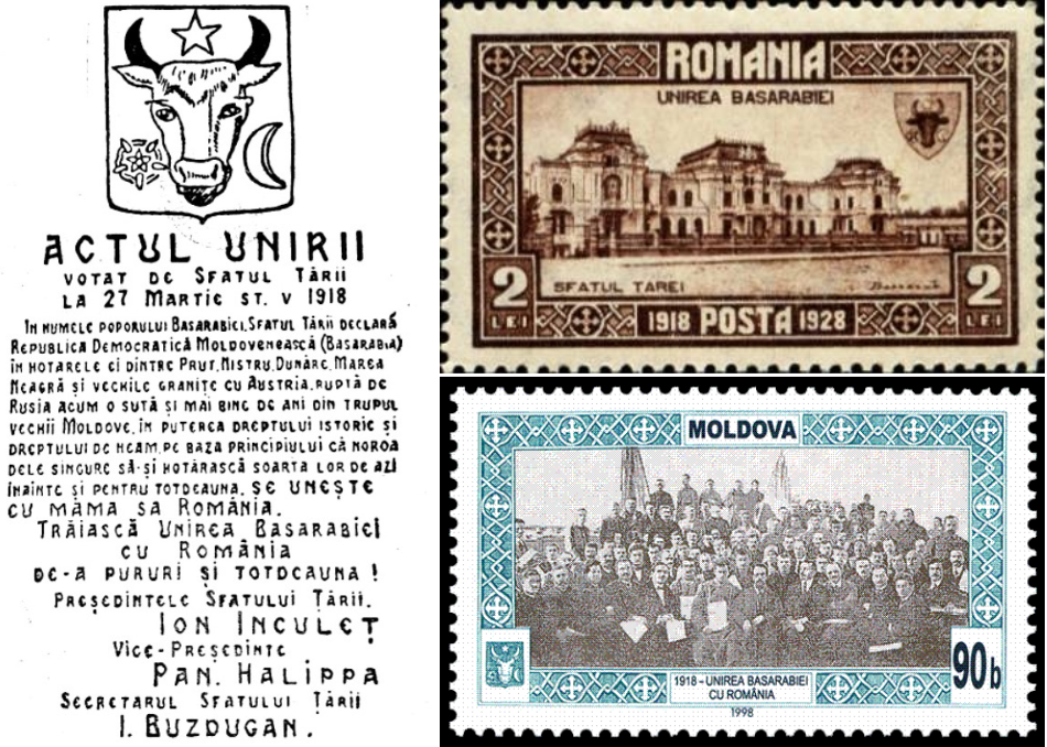 The 1918 Bessarabian Unification Act (left). A Romanian stamp commemorating 10 years of the Union (top right). A 1998 Moldovan stamp commemorating 80 years of the Union (bottom right). 
