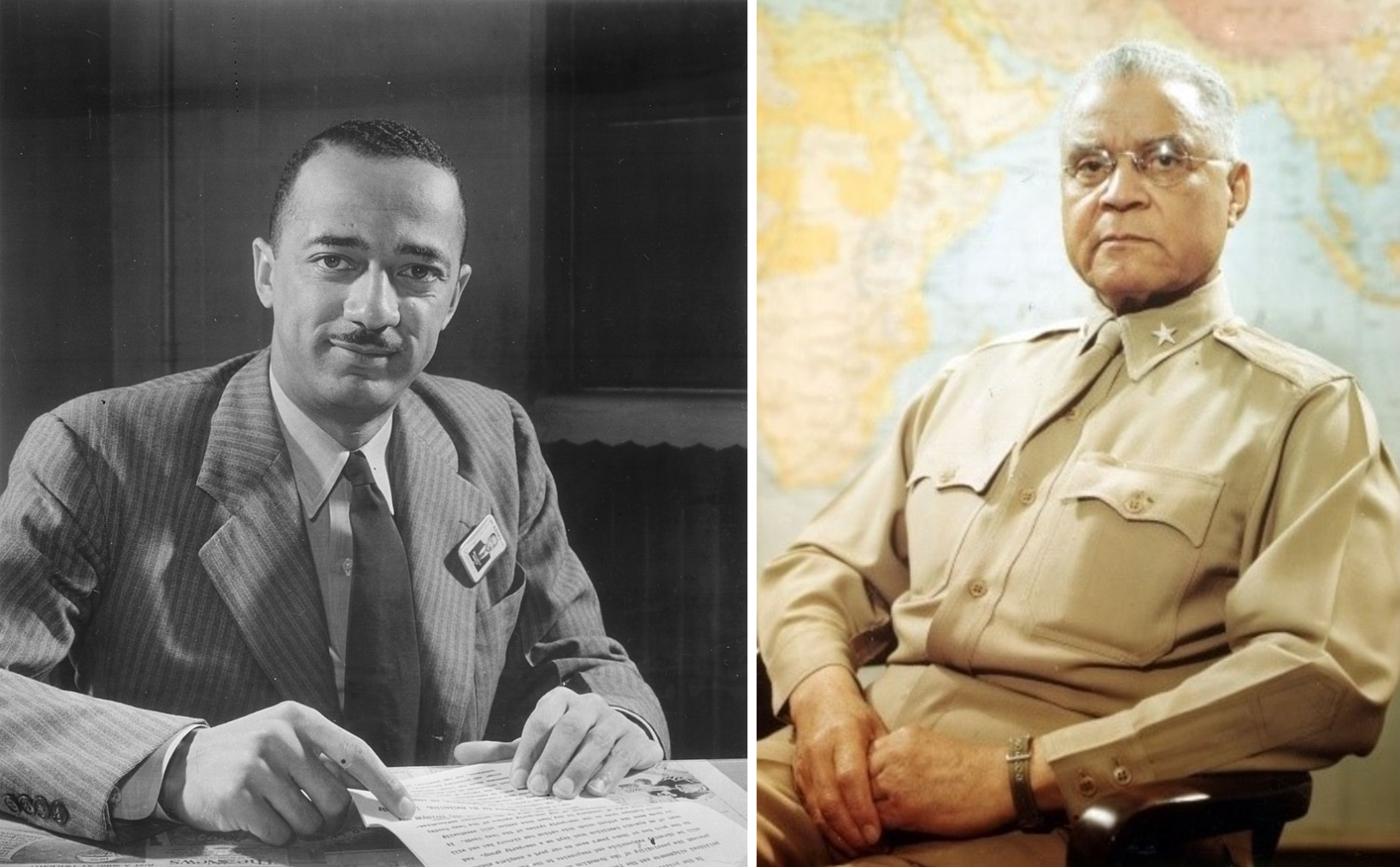 William H. Hastie pictured here was an African American lawyer who served as the Civilian Aide to the Secretary of War (left). Official U.S. Army photo of Benjamin O. Davis Sr. as a brigadier general, 1945 (right).