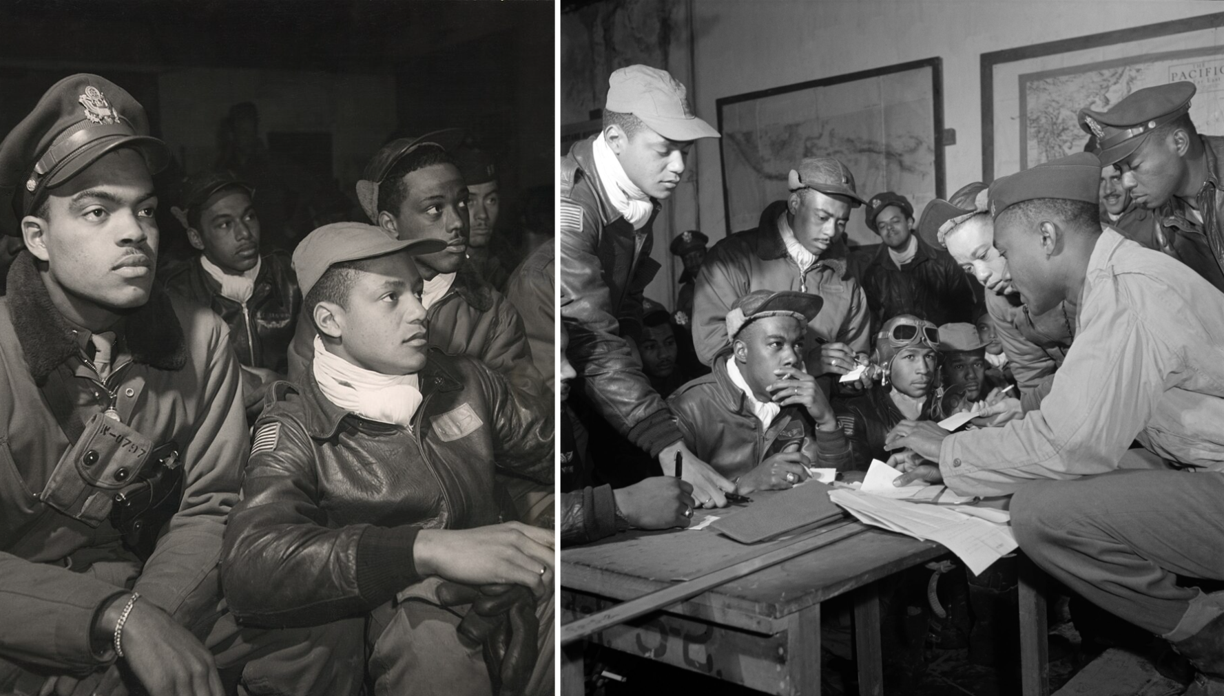 Tuskegee Airmen 332nd Fighter Group pilots (left).  Several Tuskegee Airmen at Ramitelli, Italy, March 1945 (right).