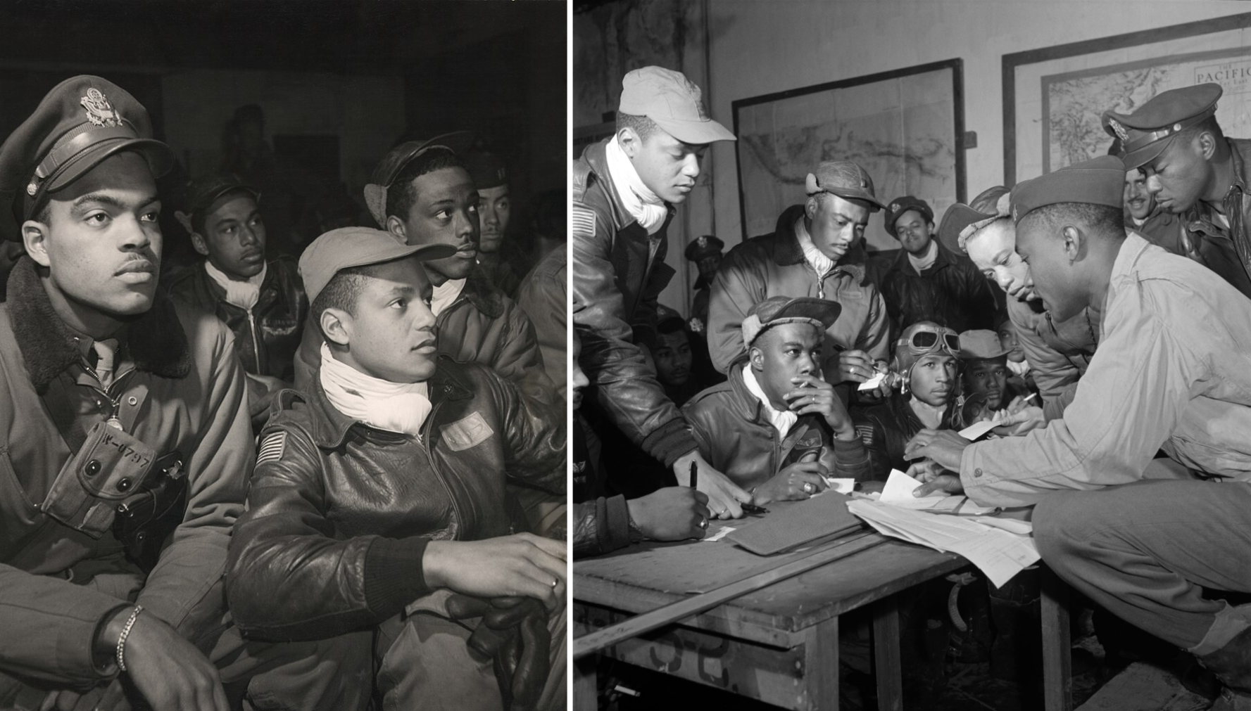 Tuskegee Airmen 332nd Fighter Group pilots (left). Several Tuskegee Airmen at Ramitelli, Italy, March 1945 (right).