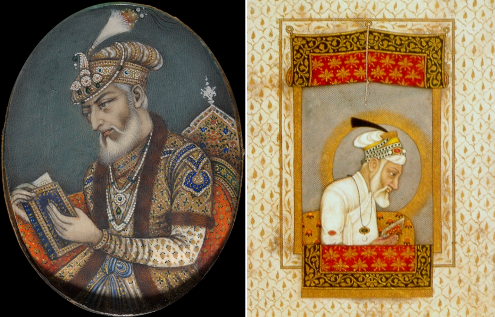 Two depictions of Aurangzeb reading the Quran (left) and (right). 
