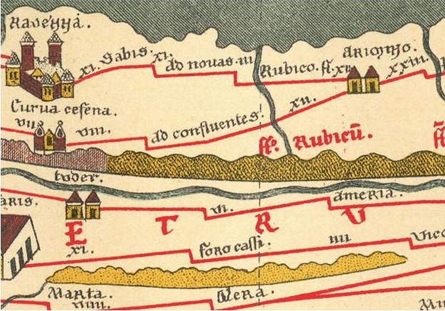 The location of the Rubicon River (fl. Rubico) on an originally 4th century CE Roman itinerary map, between the cities of Ravenna (left) and Arminium (right).