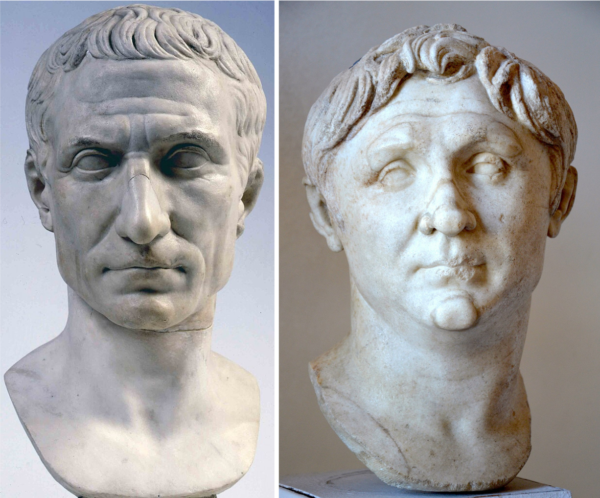 A bust of Julius Caesar from the early Julio-Claudian period (late 1st BCE–early 1st CE) (left). An Augustan copy of a bust of Pompey as a younger man (right).