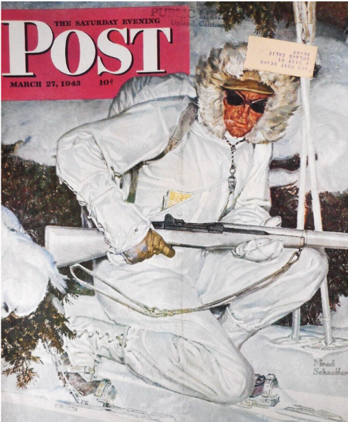 The March 27, 1943, cover of The Saturday Evening Post depicts soldiers of the U.S. Army’s 10th Mountain Division clad in their winter uniform. 