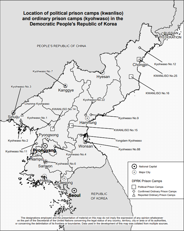 A United Nations map of of political prison camps and ordinary prison camps in North Korea, 2014.