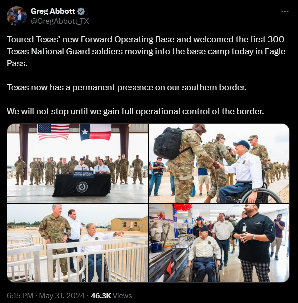 A post from Governor Abbott on X referring to the Texas National Guard controlling the border.