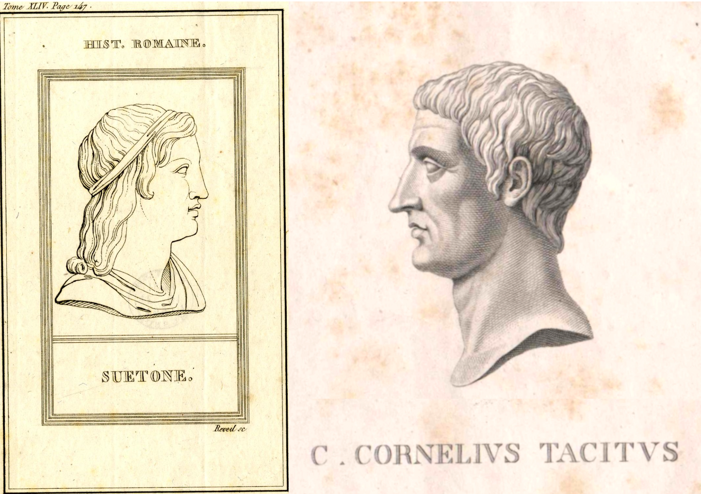 Portrait of Suetonius, print, Achille Reveil, c. 1815-1851. British Museum number 1901,1022.1554 (left). Portrait of Tacitus, print, Unknown, c. 18th century. The Austrian National Library (right). 