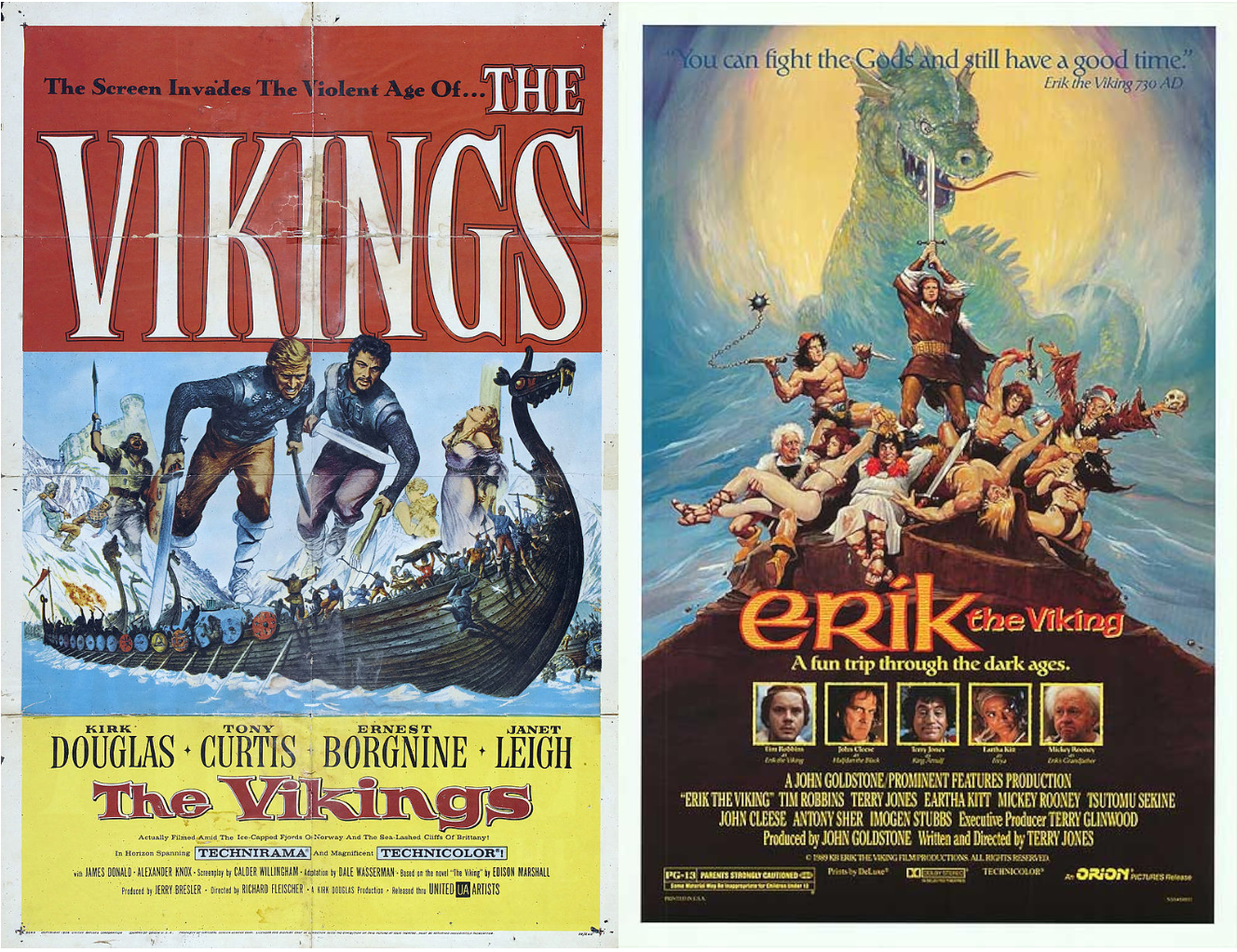 Theatrical poster for the film The Vikings (1958) (left). Movie poster for Erik the Viking (1989) (right).