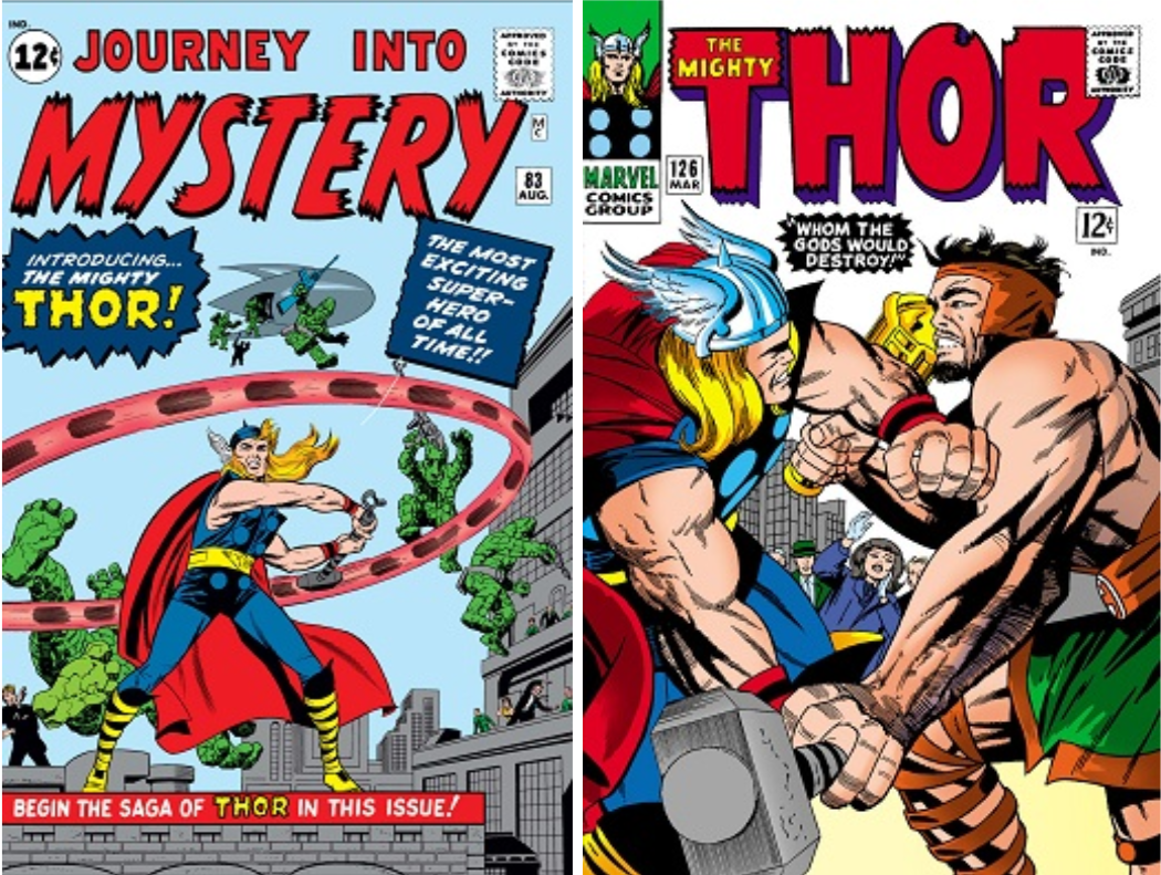 The debut of Thor, in Journey into Mystery #83, 1962. Cover art by Jack Kirby and Joe Sinnott.(left). Cover of The Mighty Thor vol. 1, 1966 . Cover art by Jack Kirby and Vince Colletta (right).