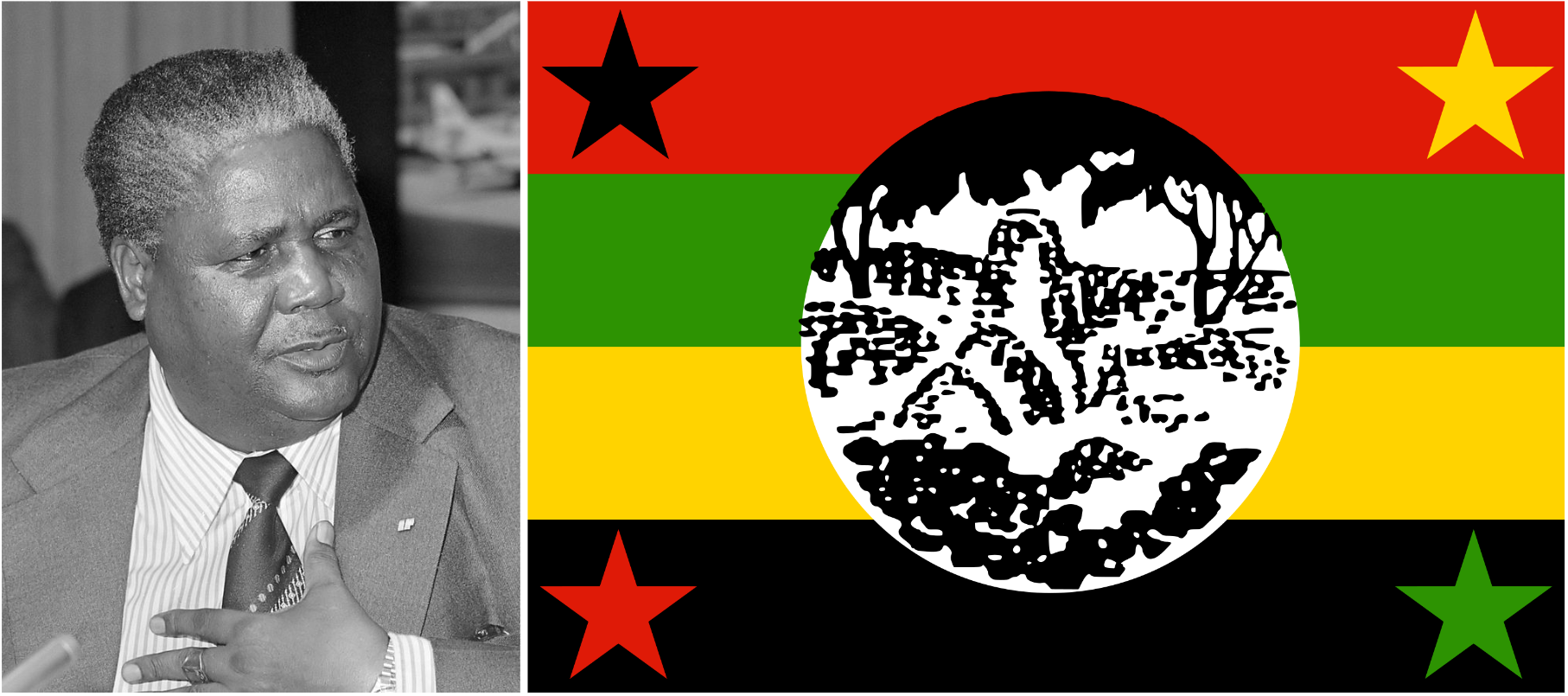 Joshua Nkomo in 1978 (left). Flag of the ZAPU (right).