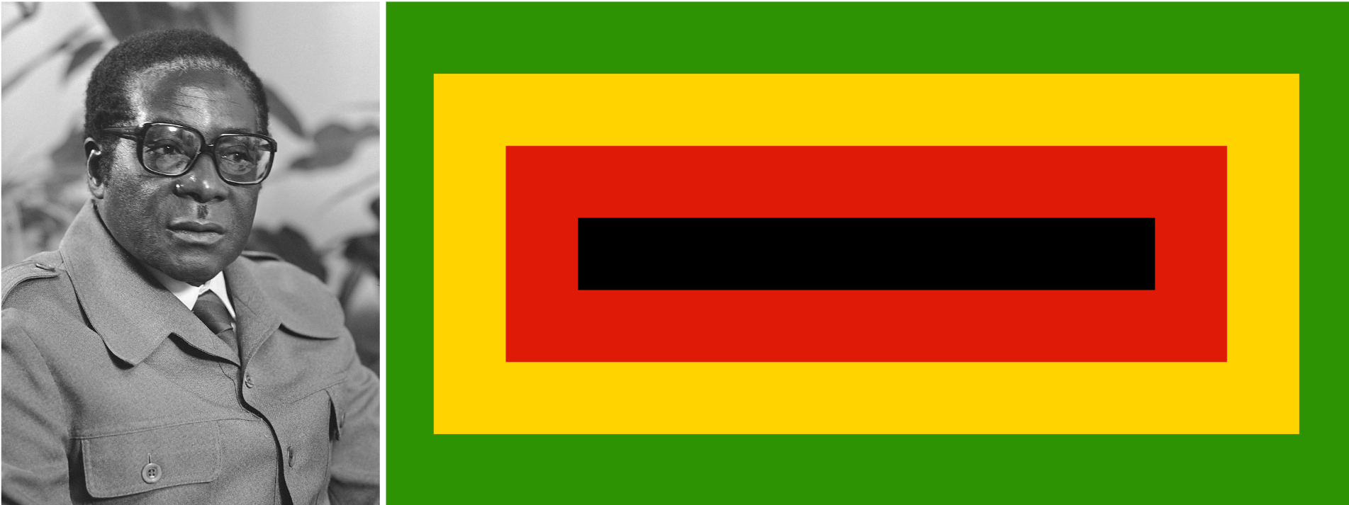  Robert Mugabe in 1979 (left). Flag of ZANU (right). 