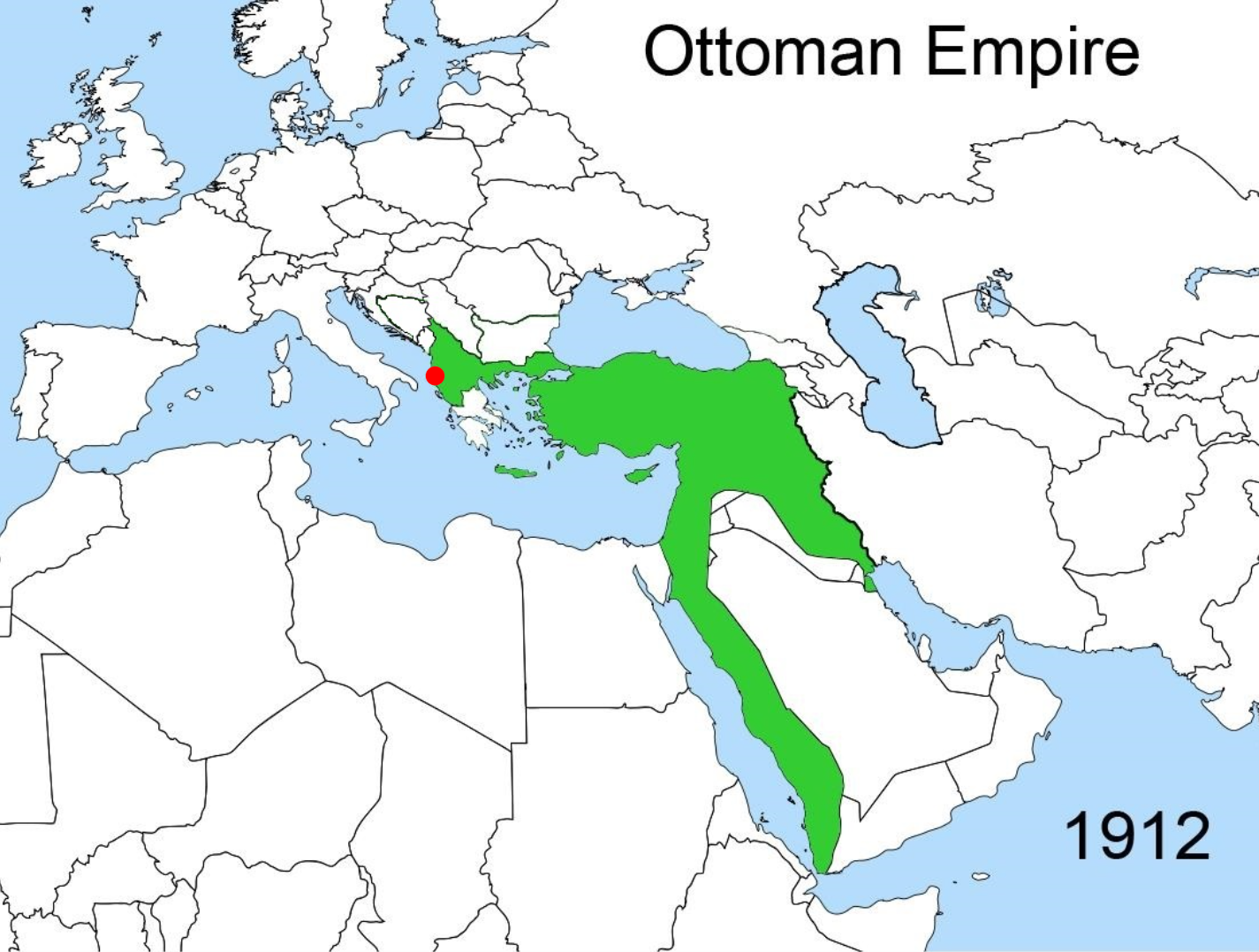 The territories of the Ottoman Empire in 1912. Albania is marked with the red dot.