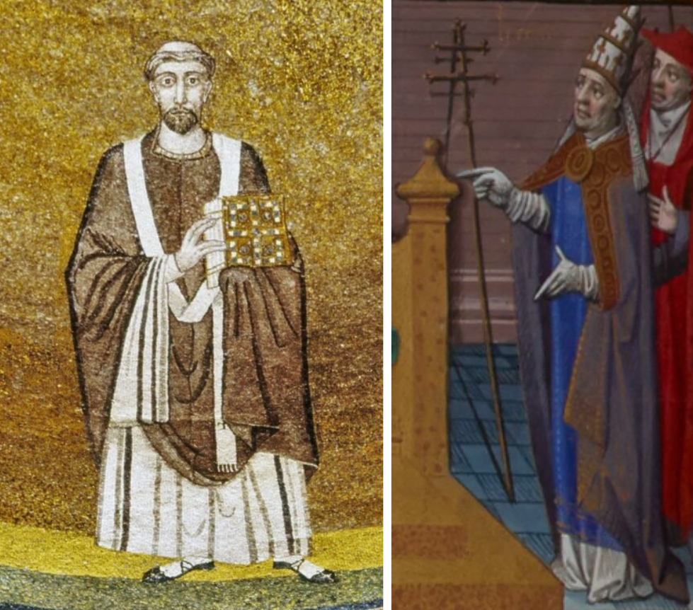 7th century mosaic of Symmachus (left). 13th century miniature depicting the antipope Laurentius (right).