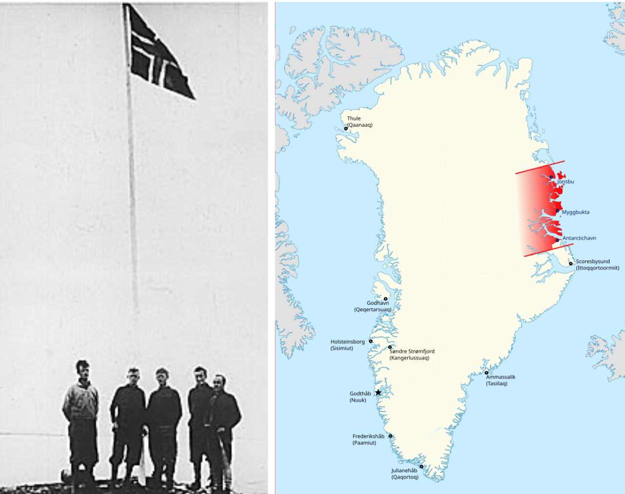 Raising of the Norwegian flag at Myggbukta, Greenland, 1931 (left). Extension of the part of Greenland occupied by Norway in 1931 - 1933 (right). 