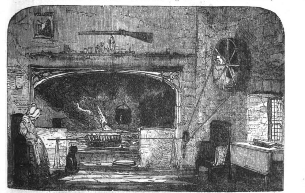  A detailed rendering of a turnspit dog pacing inside of his wheel within a quaint English cottage. This dog was once tasked with the important duty of cooking England’s national fare of roast beef. E. F. King, Ten Thousand Wonderful Things (London: George Routledge and Sons, 1859), 101.