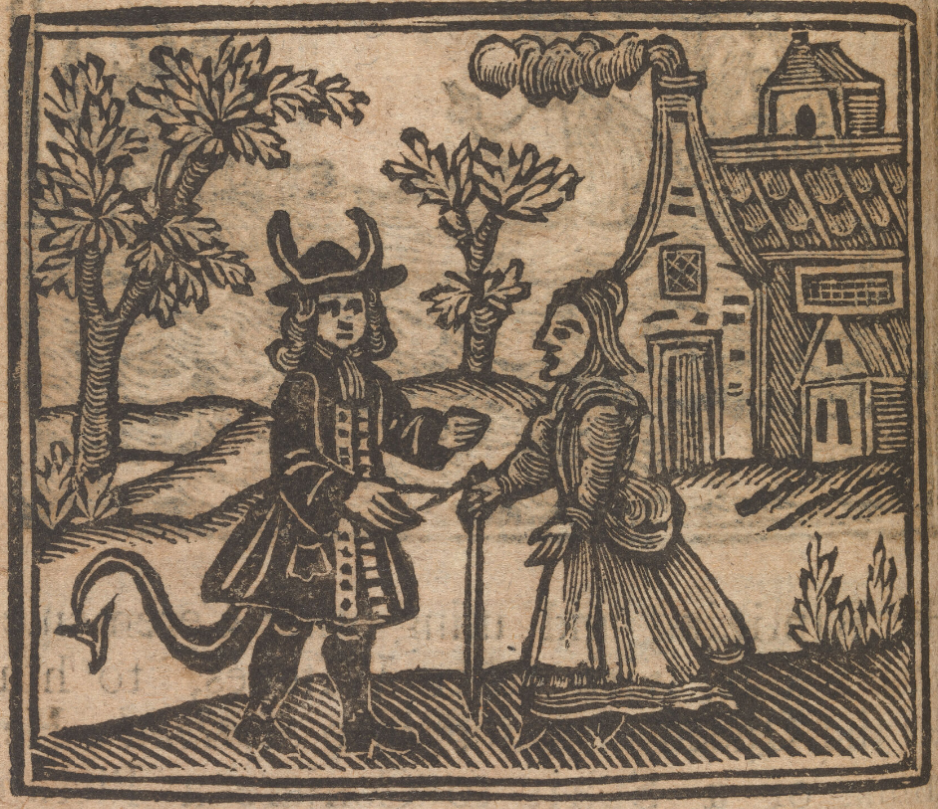 Illustration of Agnes Sampson speaking to the Devil in human form. From 