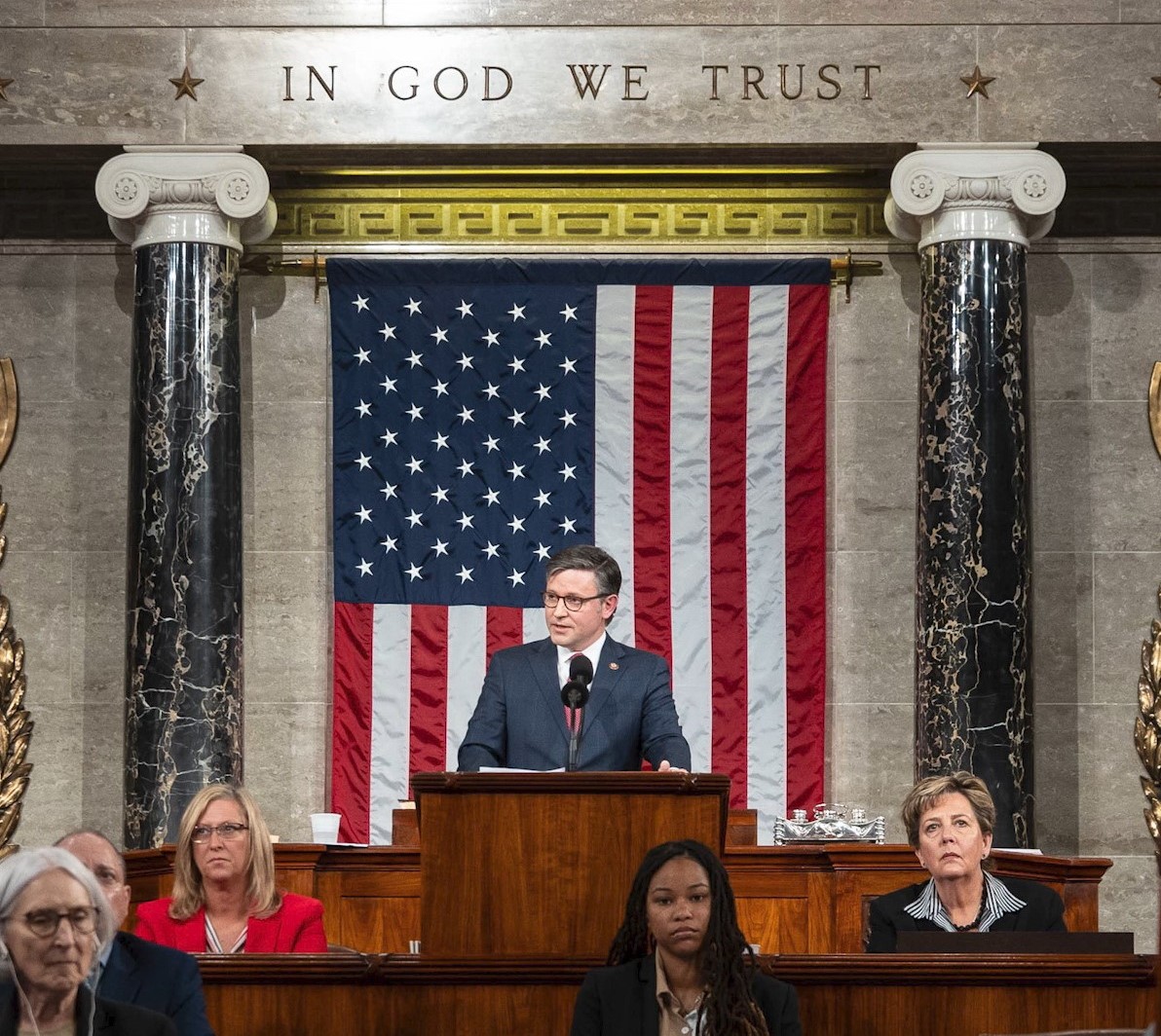 Speaker of the United States House of Representatives Mike Johnson delivers remarks following his election to the position, October 25, 2023.