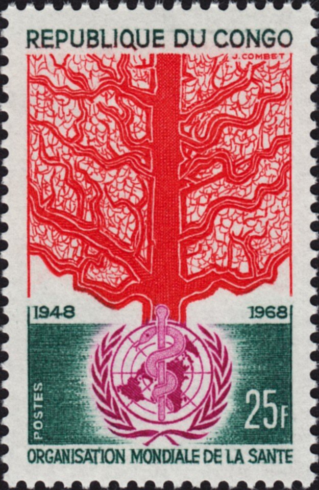A 1968 stamp from the Republic of the Congo commemorating the WHO's twentieth anniversary.  