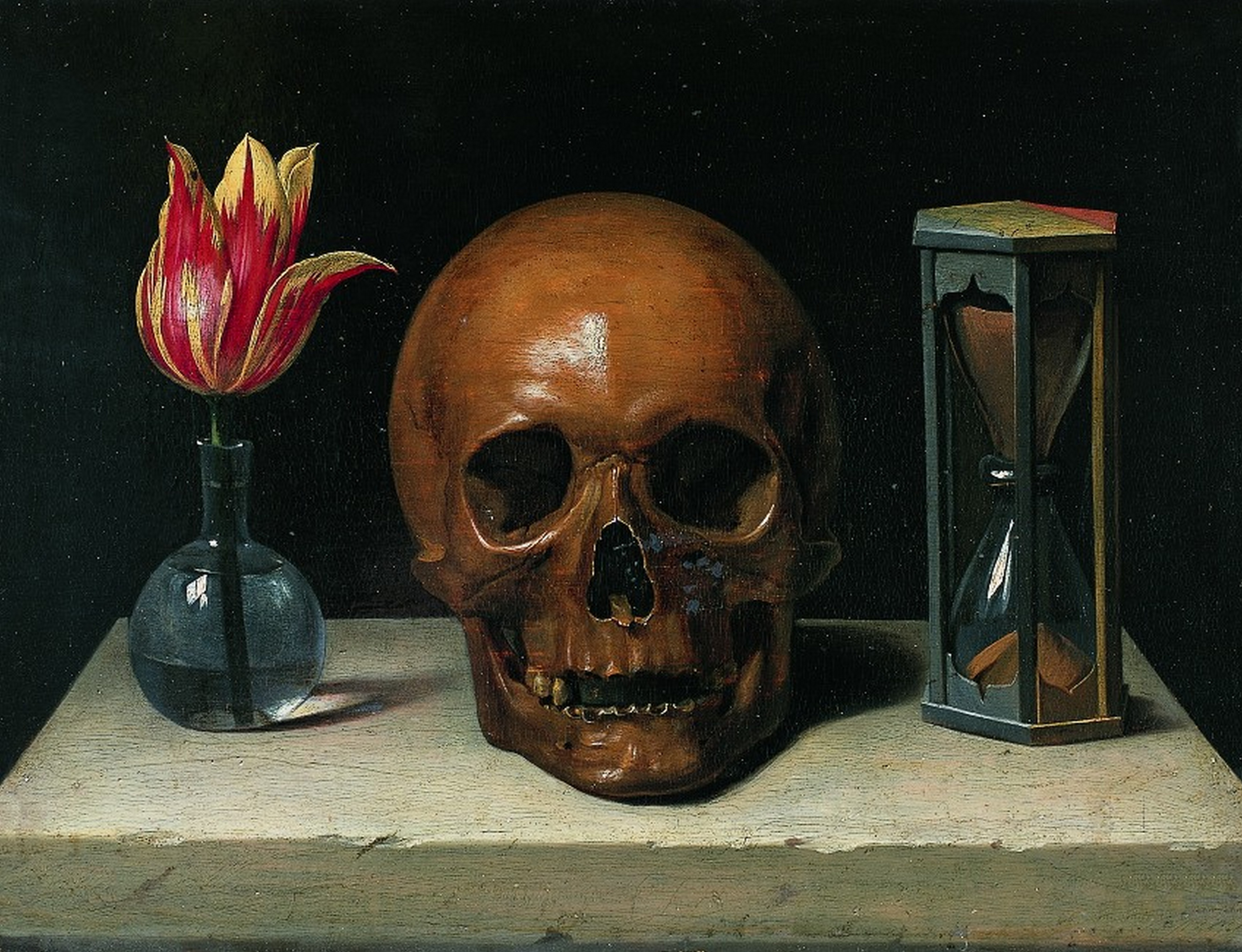 Still-Life with a Skull, vanitas painting by  Philippe de Champaigne (1671).