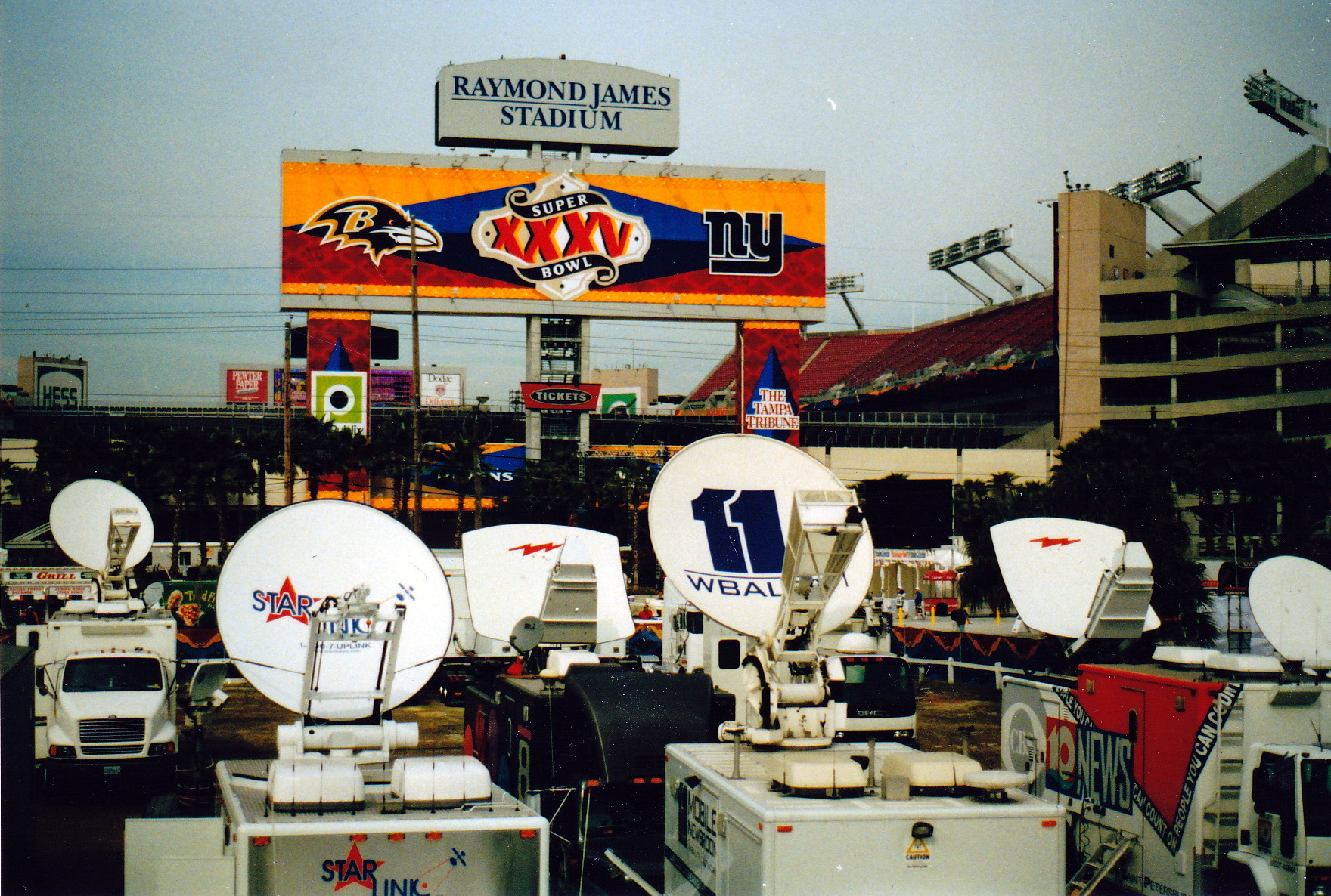 Satellite trucks broadcasting from Super Bowl XXXV in 2001.