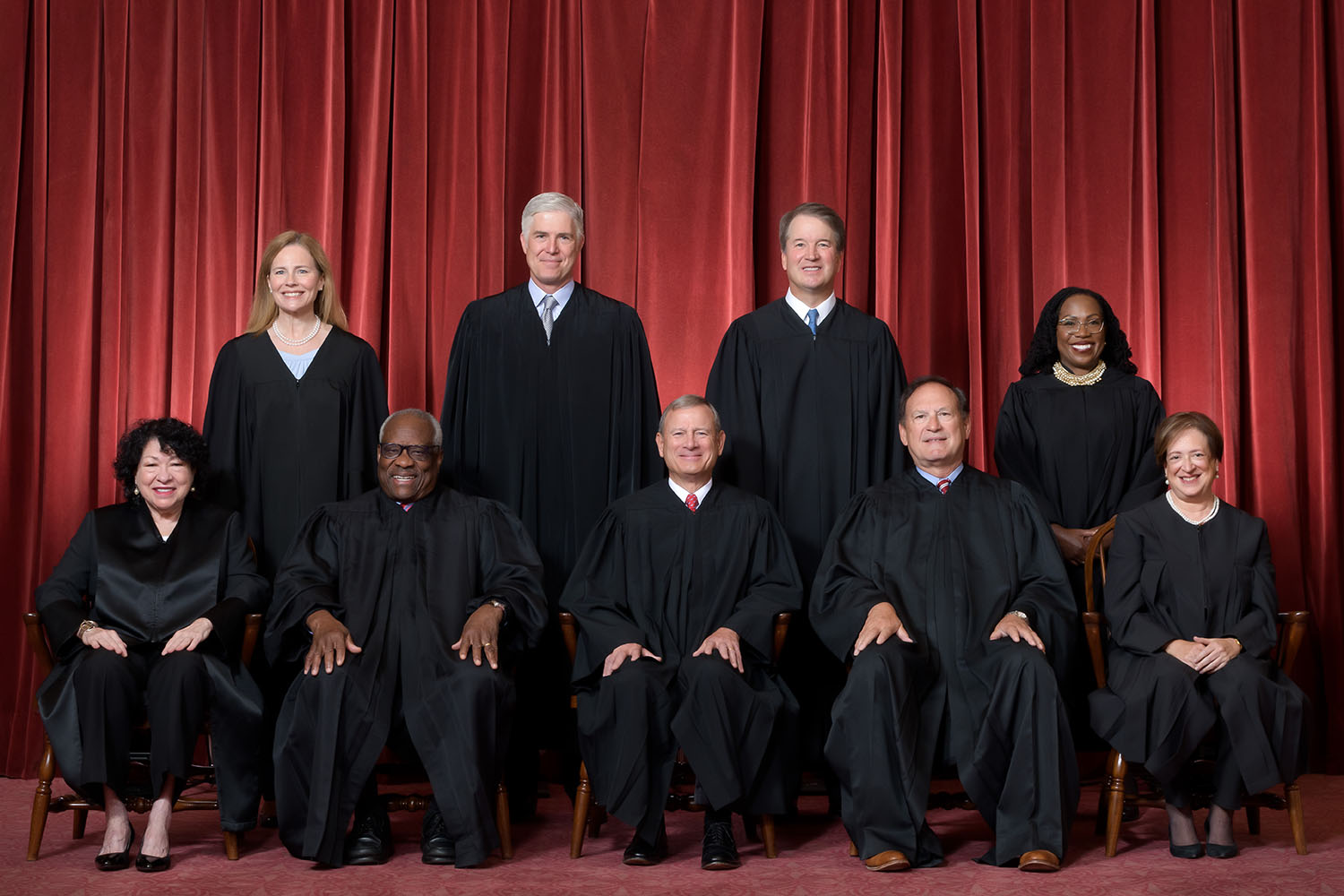 Justices of the Supreme Court as of June 2022. Front row (left to right): Sonia Sotomayor, Clarence Thomas, Chief Justice John Roberts, Samuel Alito, and Elena Kagan. Back row (left to right): Amy Coney Barrett, Neil Gorsuch, Brett Kavanaugh, and Ketanji Brown Jackson.