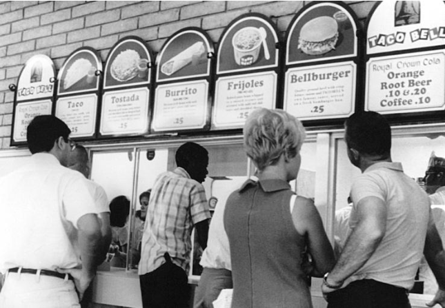 An early Taco Bell menu: note the Bellburger, to fit with the local burger-focused competition. (Photograph courtesy of the Taco Bell Corporation)