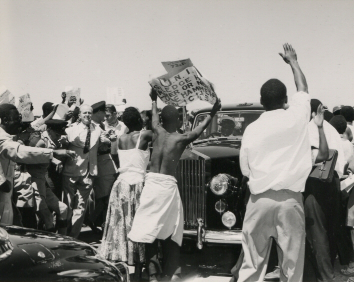 Future Zambians challenge Conservative Party politician Iain Macleod in Northern Rhodesia, 1960.