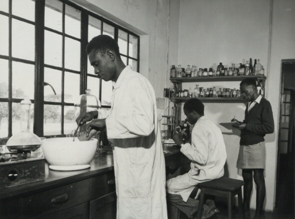 One of the laboratories at Abuko. In the foreground Mr. G.W.F.Mahoney, the Veterinary Laboratory Superintendent, in preparing rinderpest vaccine from the spleen of infected cattle. June 1959.