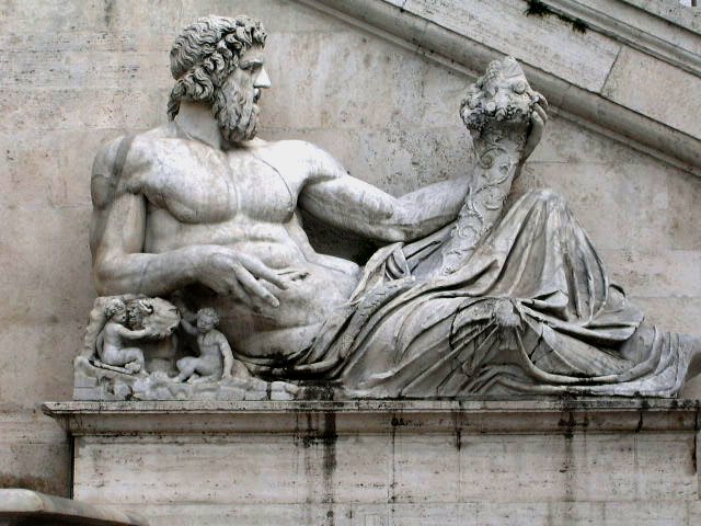 Roman representation of Tiber as a god (Tiberinus) with cornucopia at the Campidoglio, Rome.