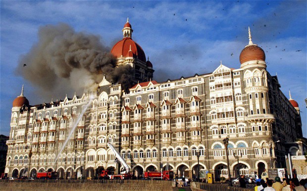 The Taj Mahal hotel in Mumbai burns after being attacked by LET terrorists.