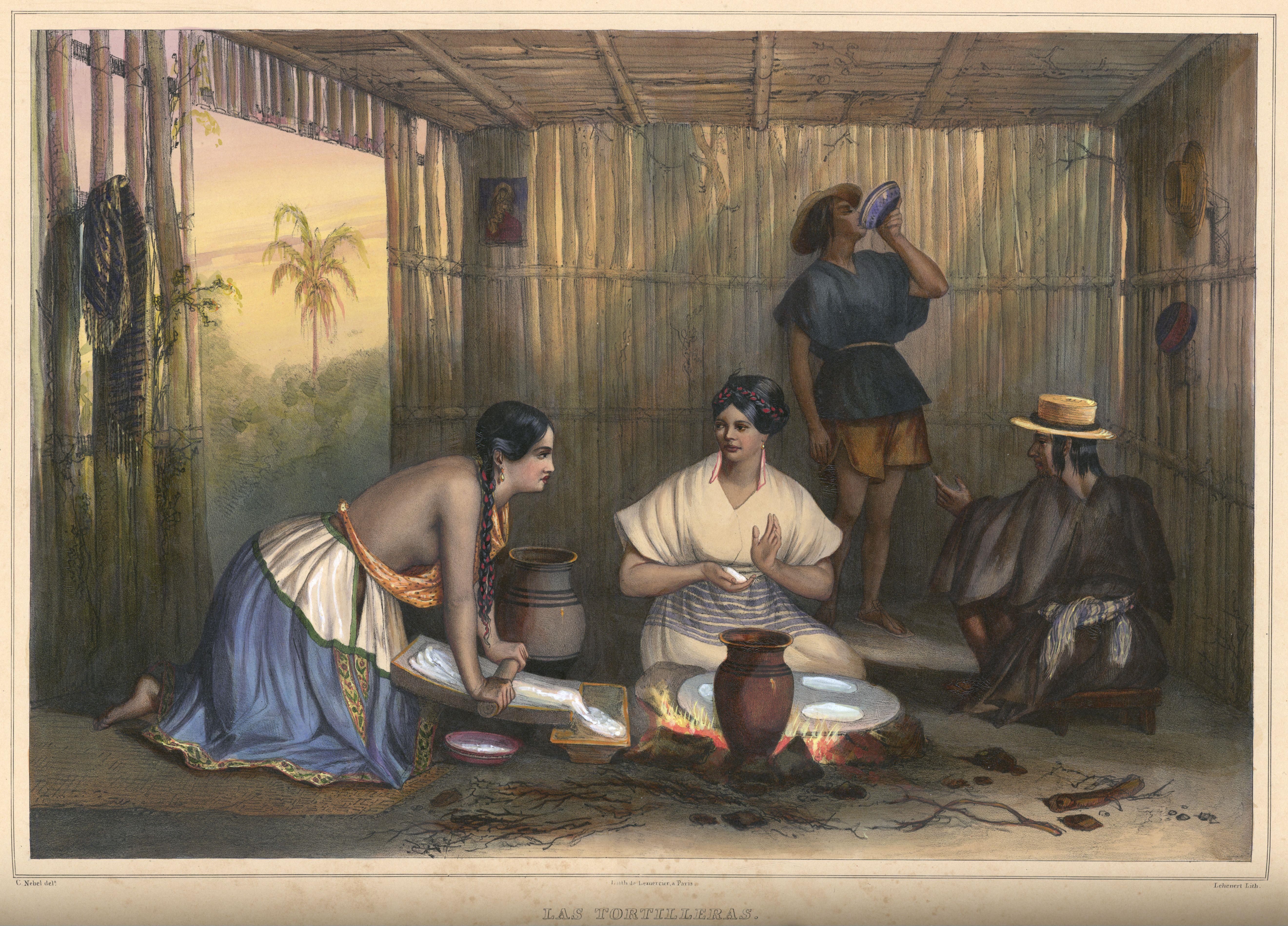 An 1836 lithograph of tortilla production in rural Mexico.