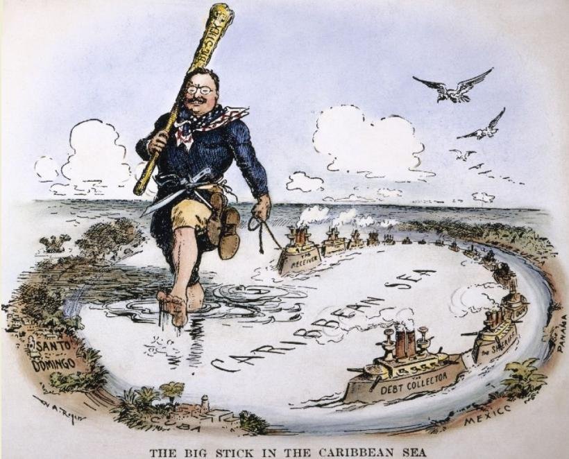 William Allen Rogers's 1904 cartoon interprets the big stick diplomacy of U.S. President Theodore Roosevelt towards Central and South America an episode in Gulliver's Travels.