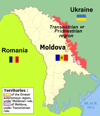 Transnistrian territory in relation to Ukraine, Romania, and Moldova.