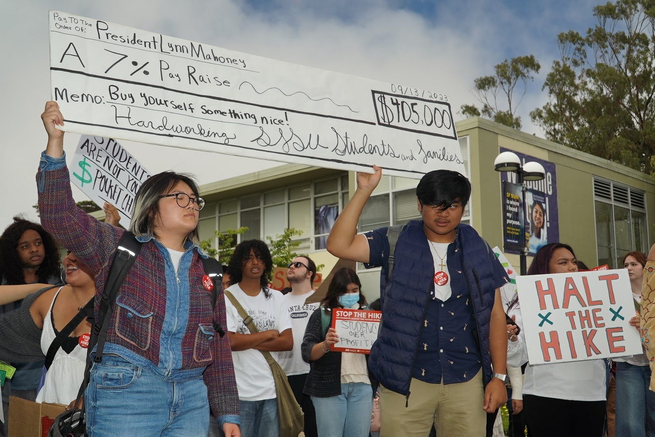 Students of San Francisco State University rallied and marched in protest of the CSU tuition increase on September 11, 2023.